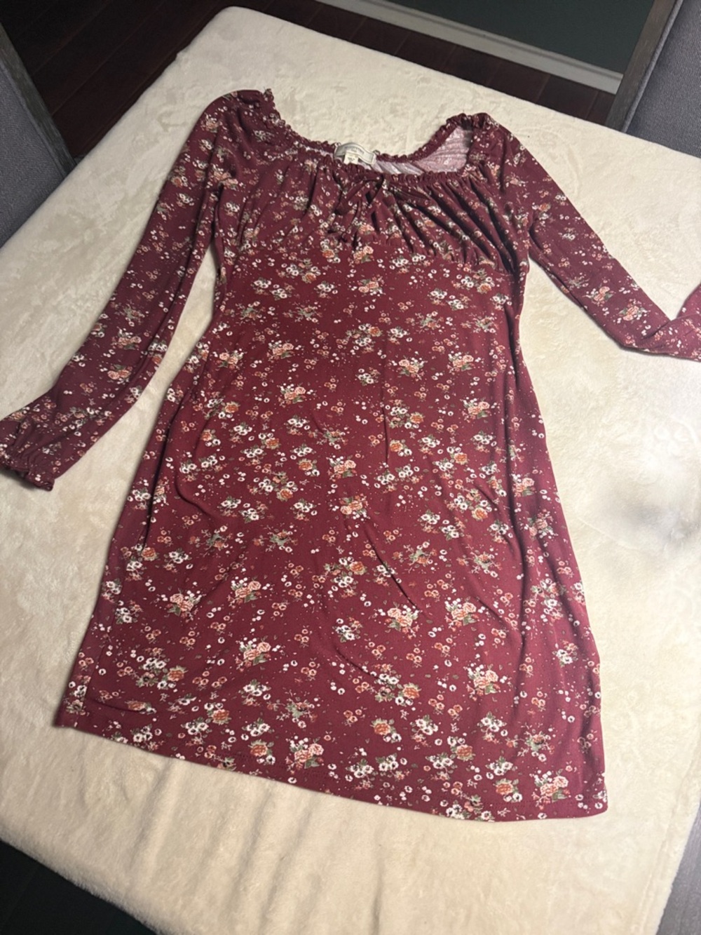 Floral Long-Sleeve Midi Dress in Burgundy